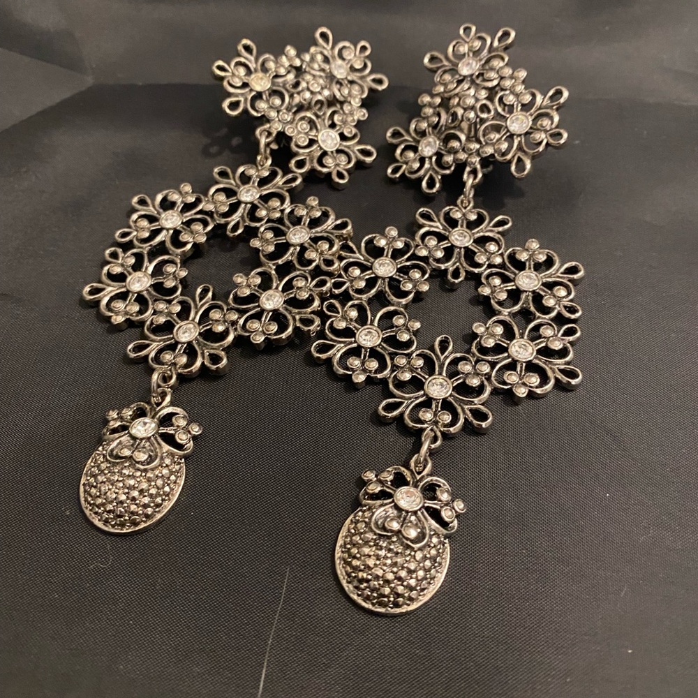 Silver Floral Drop Earrings - Elegant Statement Jewelry